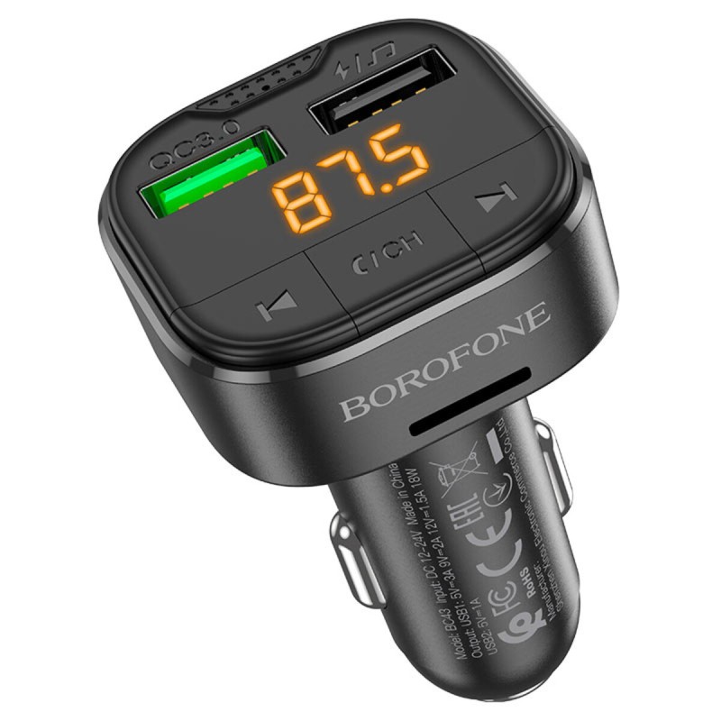 АЗП з FM-модулятором BOROFONE BC43 Flash QC3.0 car BT FM transmitter 18W Black 8525500090 (BC43B-8525500090)