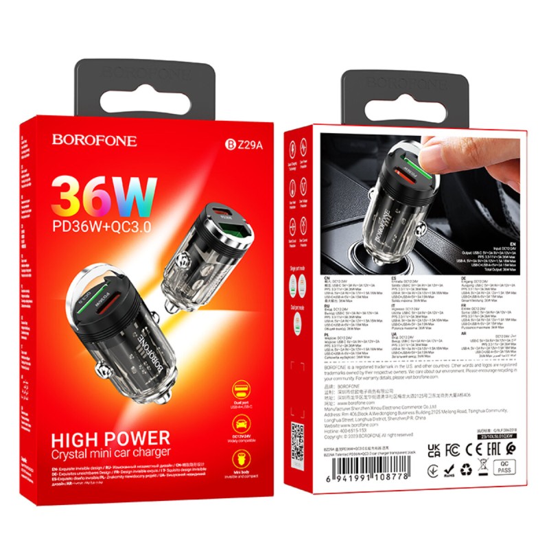 Автомобільний зарядний пристрій BOROFONE BZ29A Talented PD36W+QC3.0 car charger Black (6941991108778)