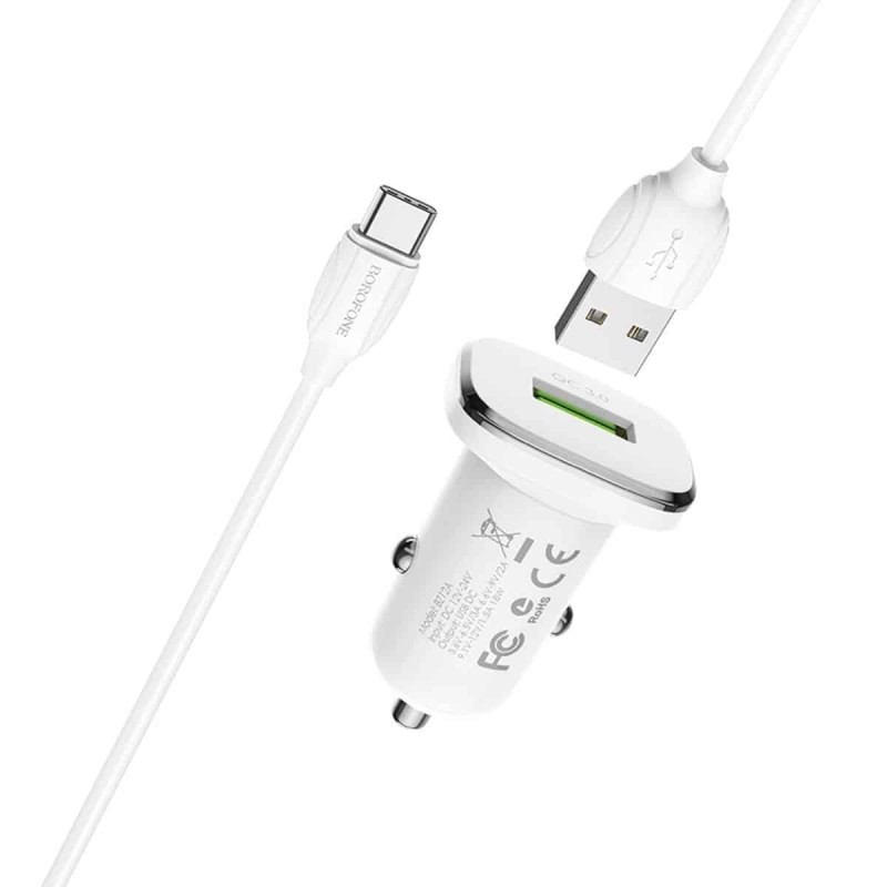 Автомобільний зарядний пристрій BOROFONE BZ12A single port QC3.0 with Micro-USB cable White