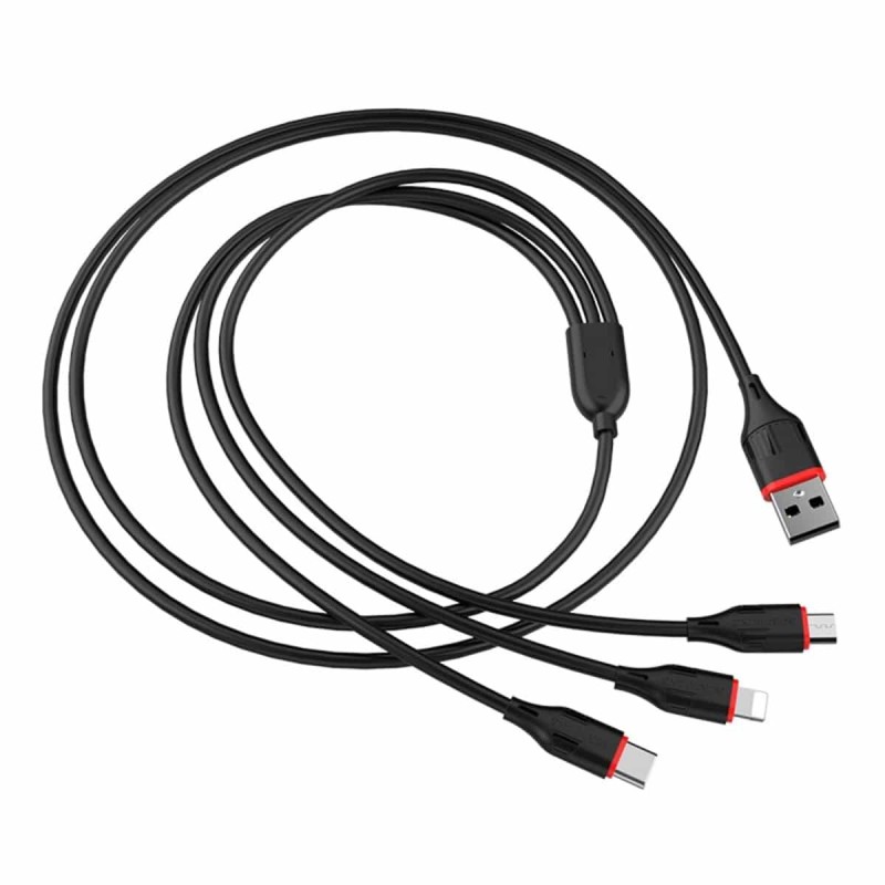Кабель BOROFONE BX17 USB to iP+Type-C+Micro 2.4A, 1m, PVC, TPE connectors, Black