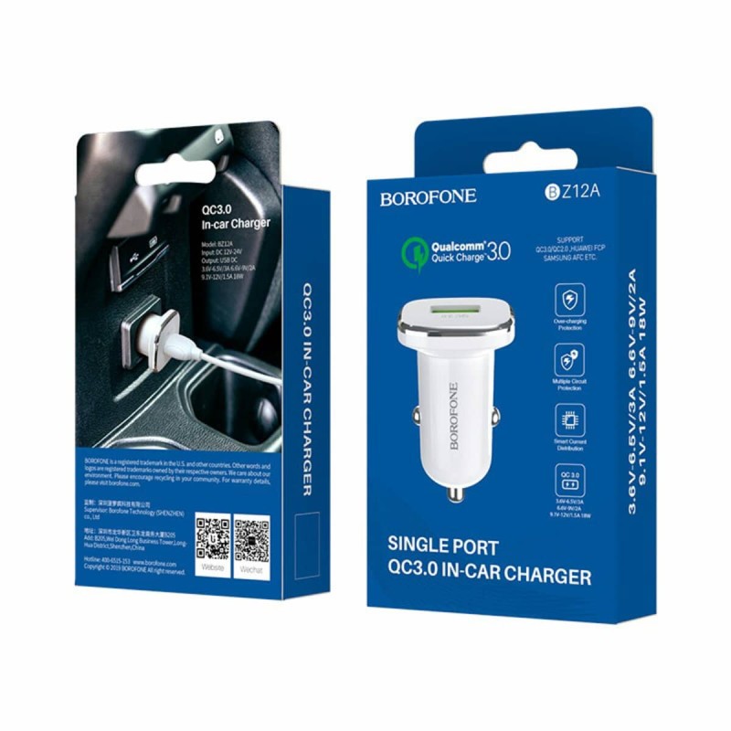 Автомобільний зарядний пристрій BOROFONE BZ12A single port QC3.0  White
