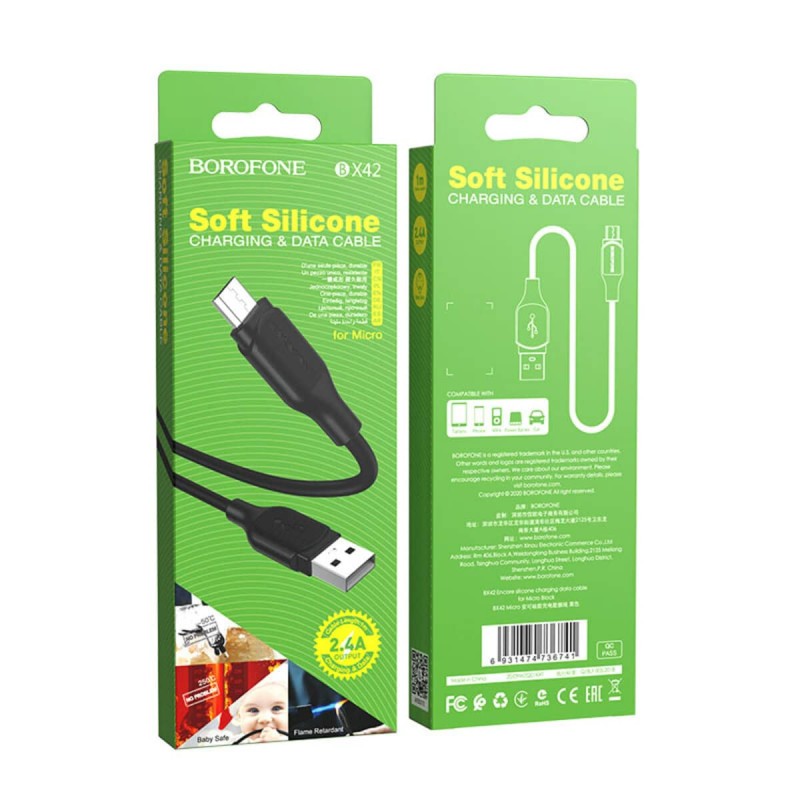 Кабель BOROFONE BX42 USB to Micro 2.4A, 1m, silicone, TPE connectors, Black
