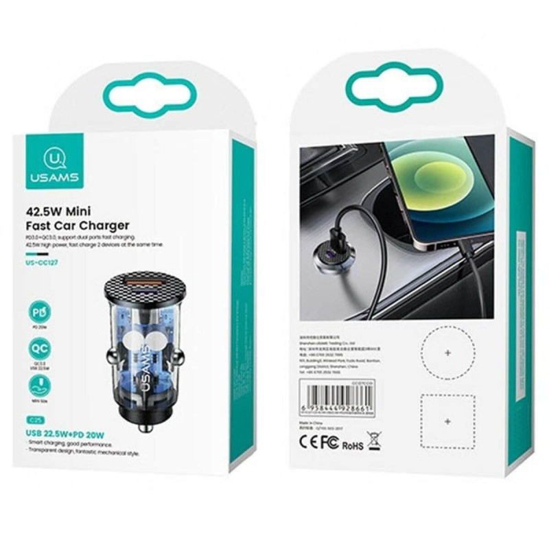 АЗП Usams US-CC127 C25 42.5W USB 22.5W+PD 20W Mini Fast Car Charger Transparent black
