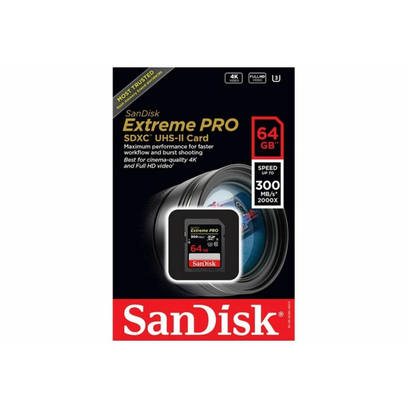SDXC (UHS-II U3) SanDisk Extreme Pro 64Gb class 10 V90 (R300MB/s, W260MB/s)