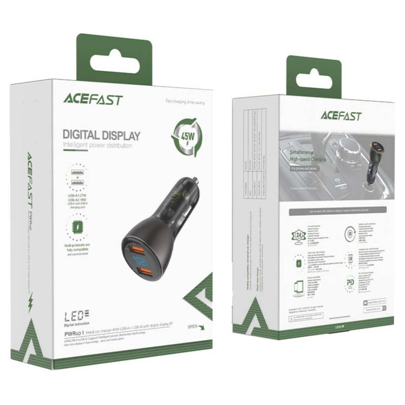 Автомобільний зарядний пристрій ACEFAST B7 metal  45W (USB-A + USB-A) with digital display