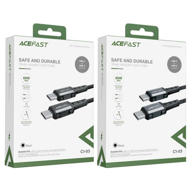 Кабель ACEFAST C1-03 Type-C to Type-C 3A, 1.2m, nylon, aluminum connectors, Black