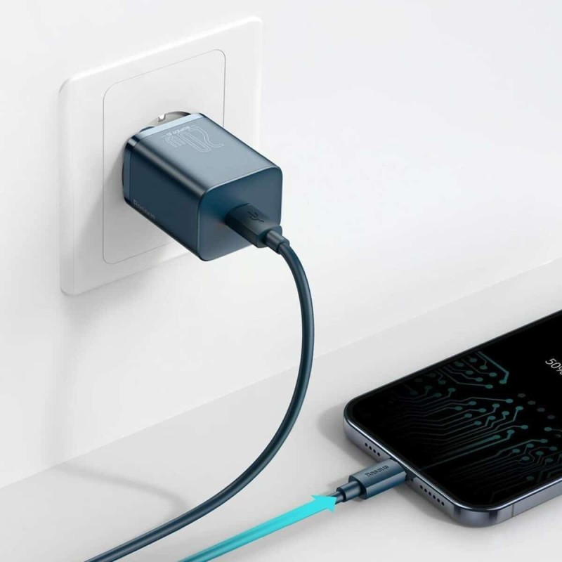 Мережевий зарядний пристрій Baseus Super Si 1C 20W With Simple Wisdom Data Cable Type-C/iP 1m Blue