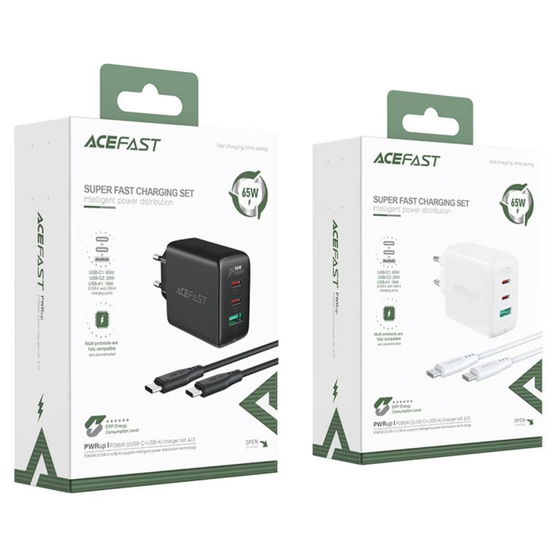 Мережевий зарядний пристрій ACEFAST A13 PD65W(USB-C+USB-C+USB-A) 3-port charger set Black