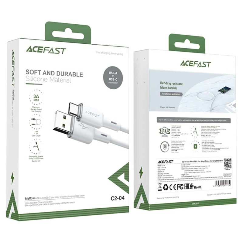 Кабель ACEFAST C2-04 USB to Type-C 3A, 1.2m, silicone, zinc connectors, White