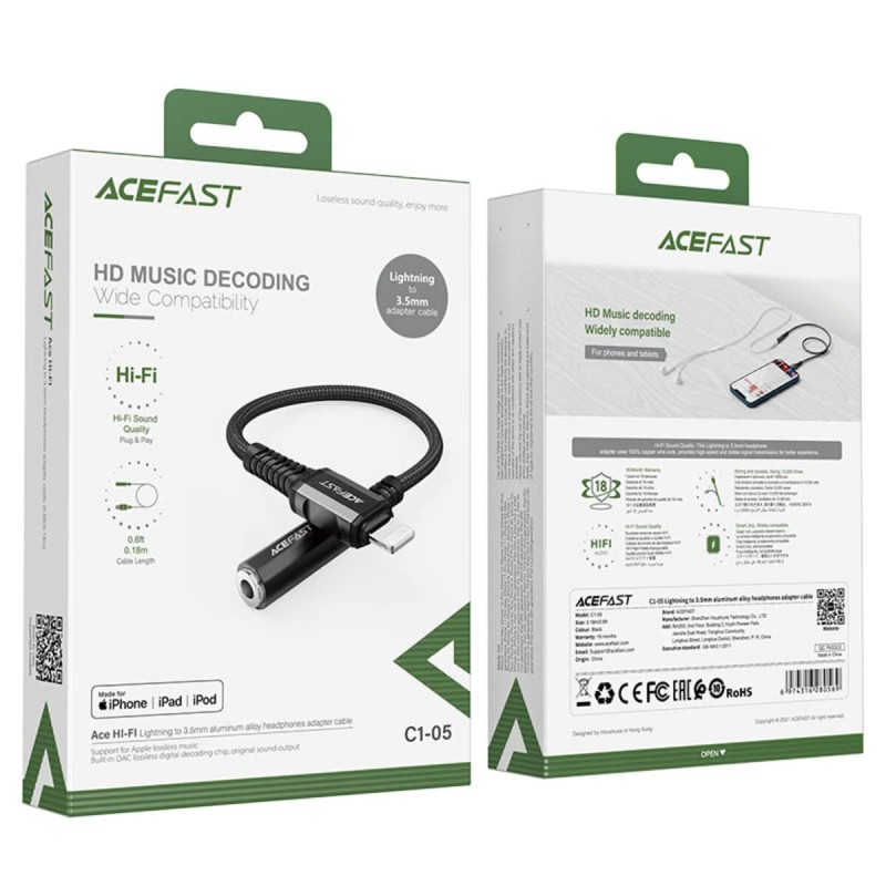 Кабель ACEFAST C1-05 Lightning to 3.5mm aluminum alloy headphones adapter cable Black