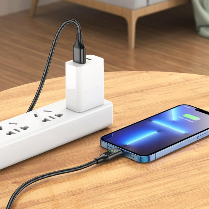 Кабель BOROFONE BU32 USB to iP 2.4A, 1.2m, nylon, aluminum connectors, digital display, Black