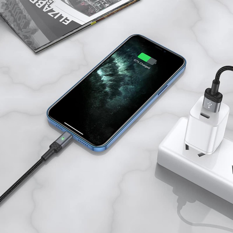 Кабель BOROFONE BU30 USB to iP, 2.4A, 1.2m, nylon, aluminum connectors, light indicator, Black