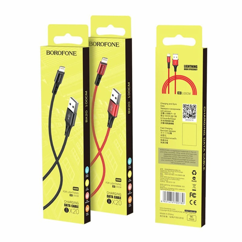 Кабель BOROFONE BX20 USB to iP 2A, 1m, nylon, TPE connectors, Red