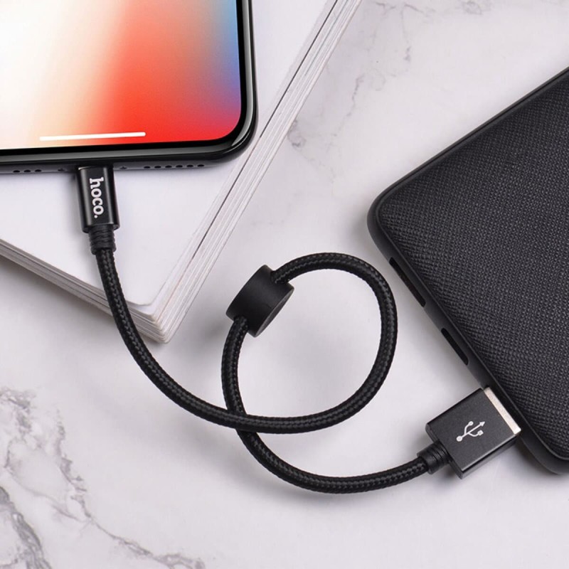 Кабель HOCO X35 USB to iP 2.4A, 0.25m, nylon, aluminum connectors, Black