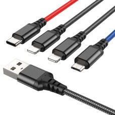 Кабель HOCO X76 USB to iP+iP+Type-C+Micro 2A, 1m, nylon, aluminum connectors Black+Red+Blue