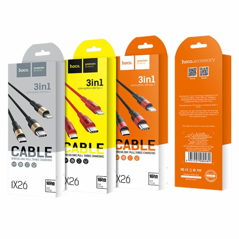 Кабель HOCO X26 USB to iP+Type-C+Micro 2A, 1m, nylon, aluminum connectors Black+Gold