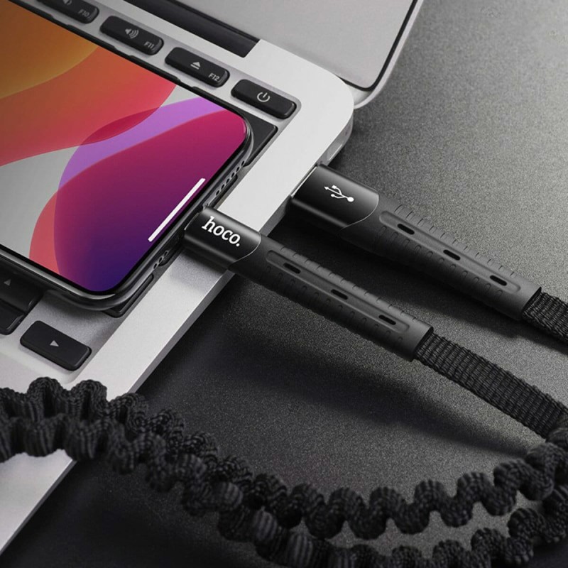 Кабель HOCO U78 USB to iP 2.4A, 0.8-1.2m, nylon, TPE connectors, elastic, Black