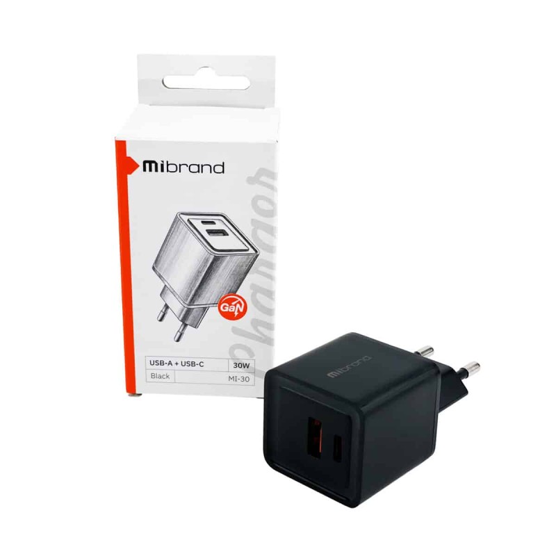 Мережевий зарядний пристрій Mibrand MI-30 GaN 30W Travel Charger USB-A + USB-C Black