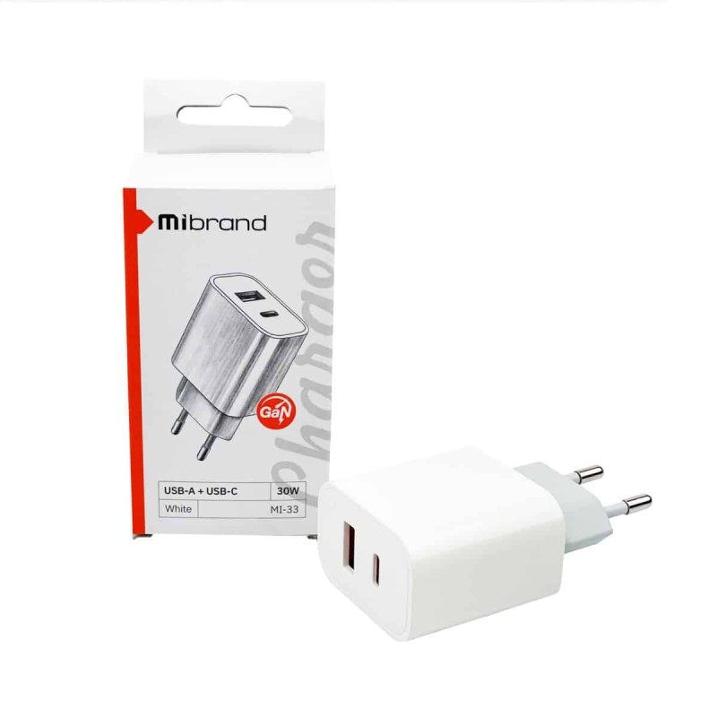 Мережевий зарядний пристрій Mibrand MI-33 GaN 30W Travel Charger USB-A + USB-C White