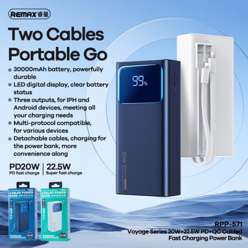 Зовнішній акумулятор REMAX Voyage Series  PD20W+QC22.5W Cabled Fast Charging Power Bank  30000mAh RPP-571 Blue
