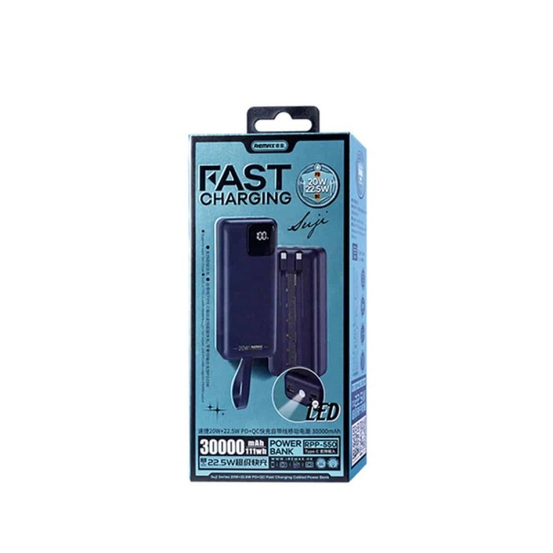 Зовнішній акумулятор REMAX Suji Series PD 20W+QC 22.5W  Fast Charging Cabled Power Bank 30000mAh  RPP-550 Blue