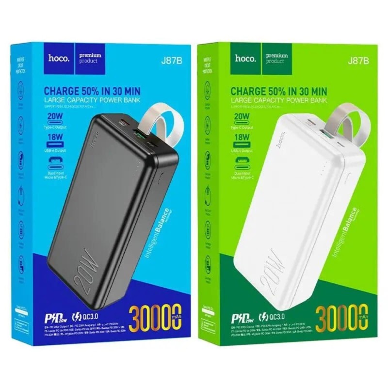 Зовнішній акумулятор HOCO J87B Tacker PD20W+QC3.0 power bank(30000mAh) White