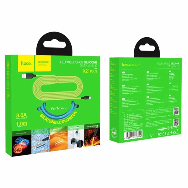 Кабель HOCO X21 Plus USB to Type-C 3A, 1m, silicone, silicone connectors, Black+Blue