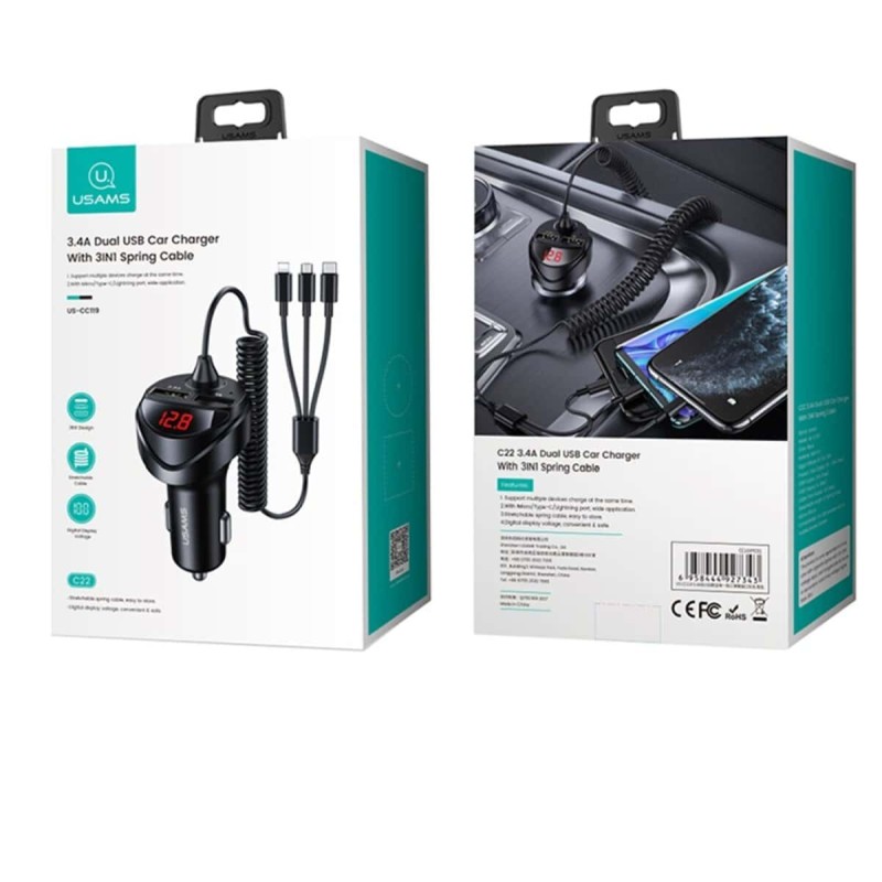 АЗП Usams US-CC119 C22 3.4A Dual USB Car Charger With 3IN1 Spring Cable Black