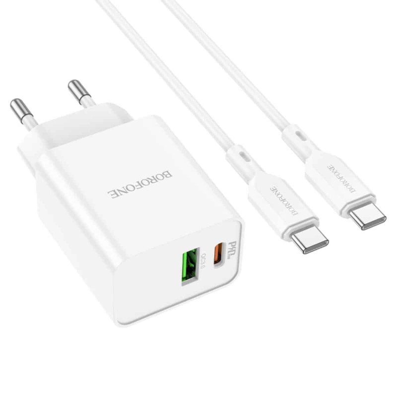 Мережевий зарядний пристрій BOROFONE BA69A Resource PD20W+QC3.0 charger set(Type-C to Type-C) White