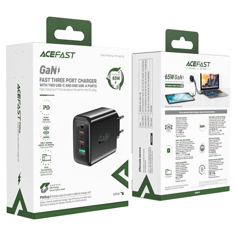 Мережевий зарядний пристрій ACEFAST A41 PD65W GaN (2*USB-C+USB-A) charger Black