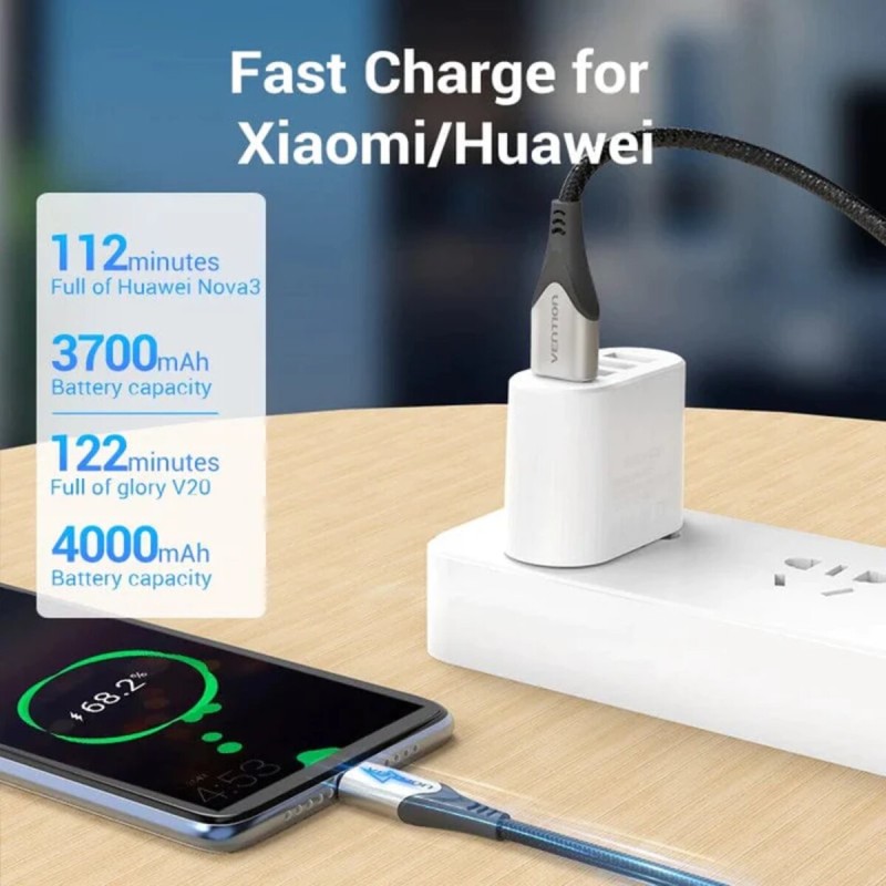 Кабель Vention Cotton Braided USB 2.0 A Male to C Male 3A Cable 2M Gray Aluminum Alloy Type (CODHH)