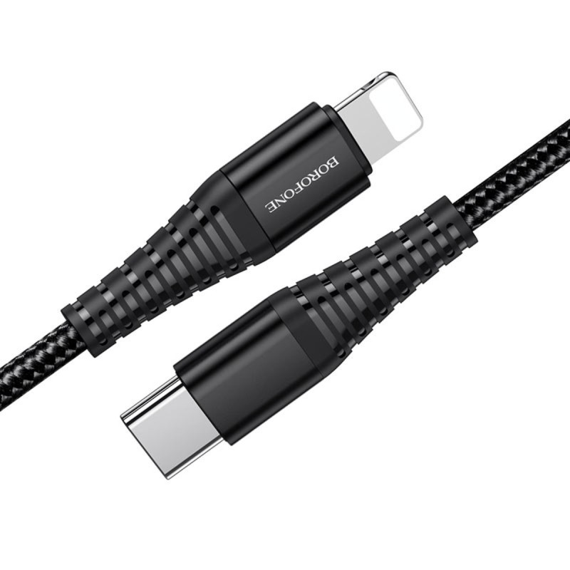Кабель BOROFONE BU27 USB to iP, 3A, 20W, 1m, nylon, aluminum connectors,  Black