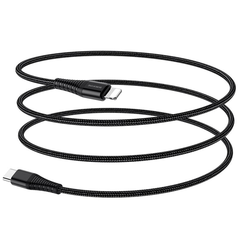 Кабель BOROFONE BU27 USB to iP, 3A, 20W, 1m, nylon, aluminum connectors,  Black