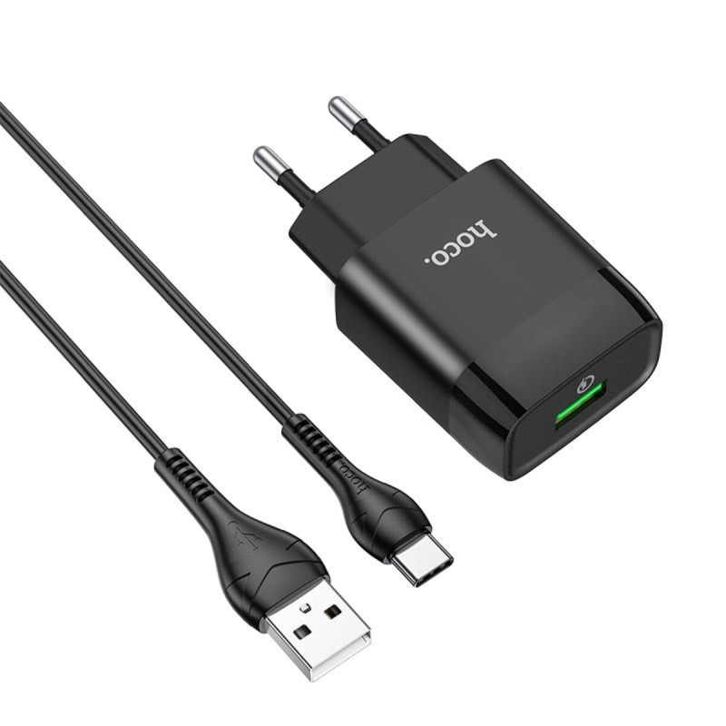 Мережевий зарядний пристрій HOCO C72Q Glorious single port QC3.0 charger set(Type-C)  Black