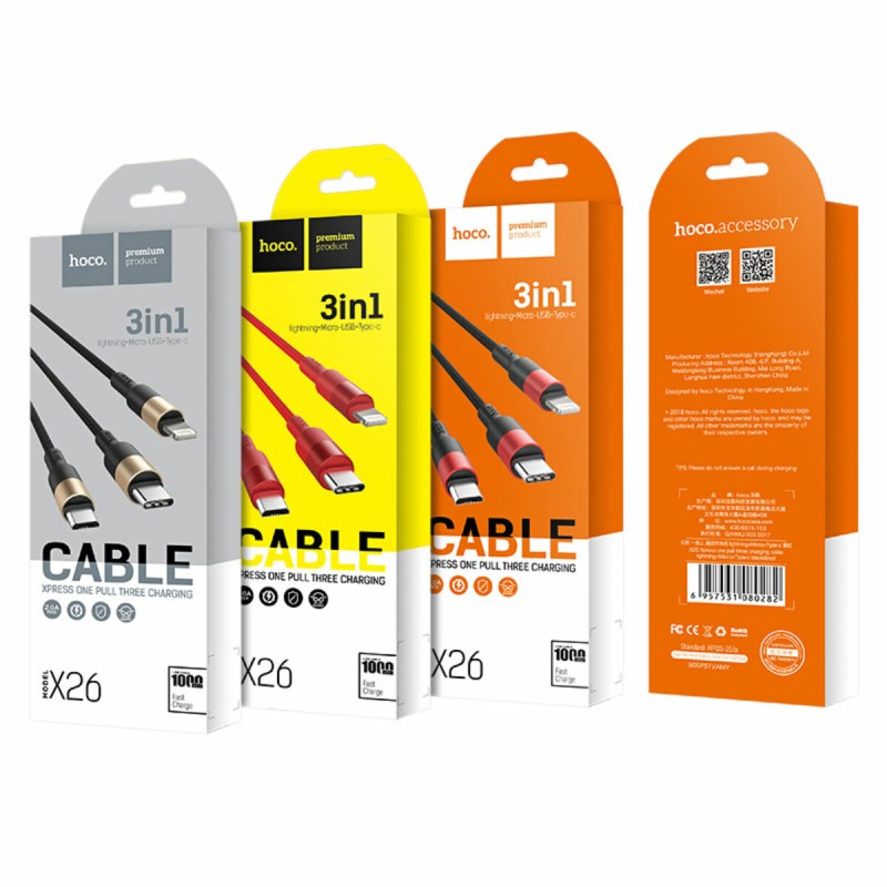 Кабель HOCO X26 Xpress one pull three charging cable iP+Micro+Type-C Black+Red