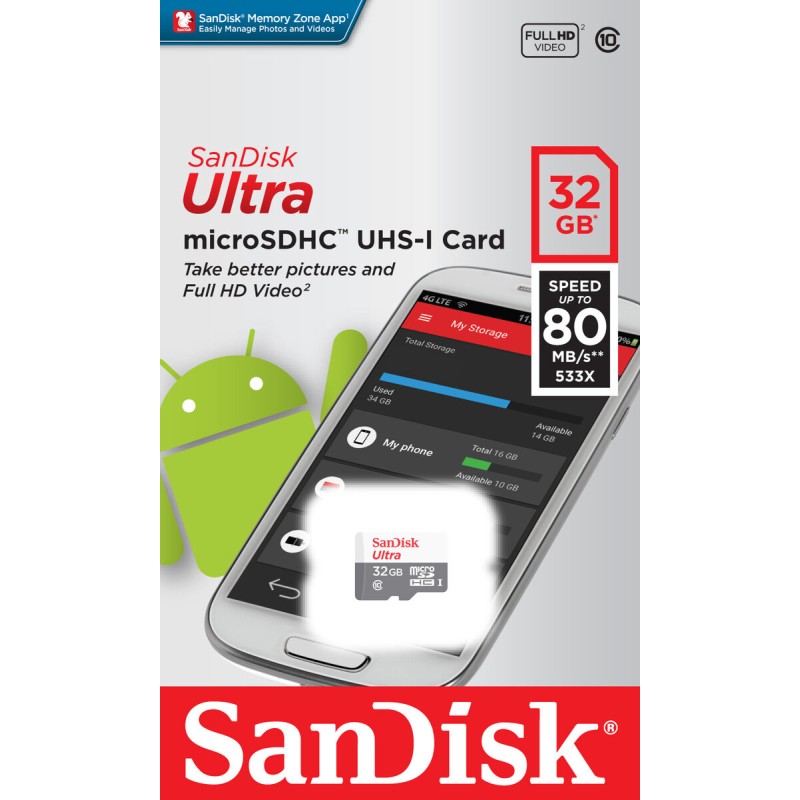 microSDHC (UHS-1) SanDisk Ultra 32Gb class 10 (80Mb/s)