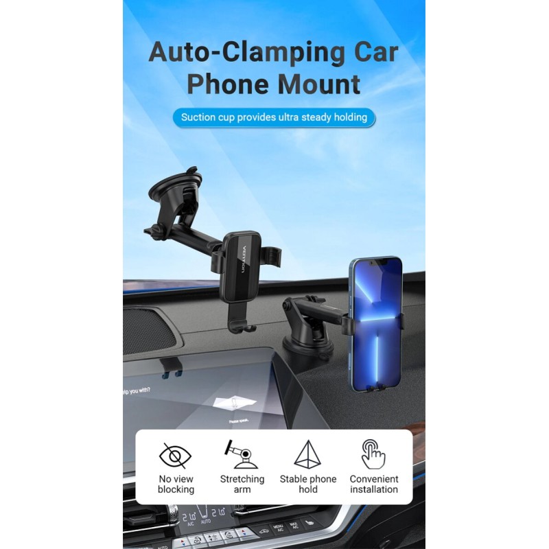 Автотримач для телефону Vention Auto-Clamping Car Phone Mount With Suction Cup Black Square Type (KCOB0)