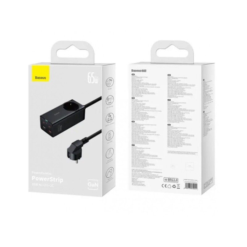Мережевий зарядний пристрій Baseus GaN3 Pro Desktop Powerstrip AC+2U+2C 65W EU Black Baseus Xiaobai series fast charging Cable Type-C  to Type