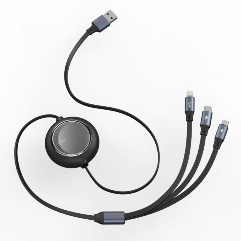 Кабель Baseus Bright Mirror One-for-three Retractable Data Cable USB to M+L+C 3.5A 1.2m Black