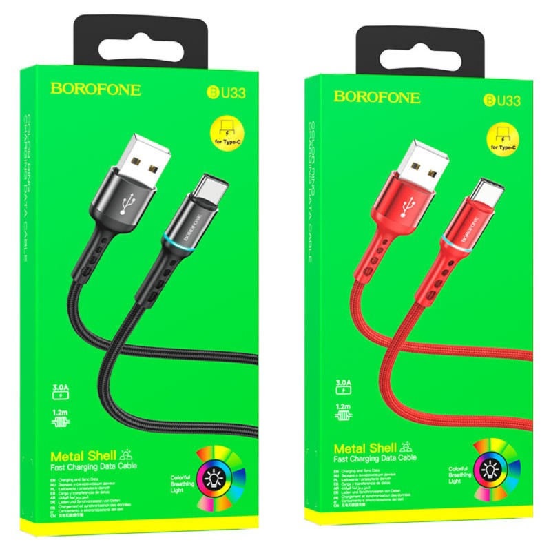 Кабель BOROFONE BU33 USB to Type-C 3A, 1.2m, nylon, aluminum connectors, light indicator, Black