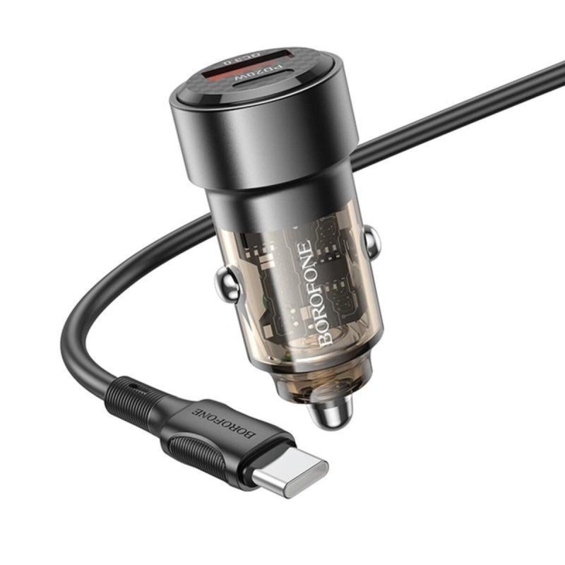 Автомобільний зарядний пристрій BOROFONE BZ20 Smart 38W dual port PD20W+QC3.0 car charger set(C to C) Transparent Black