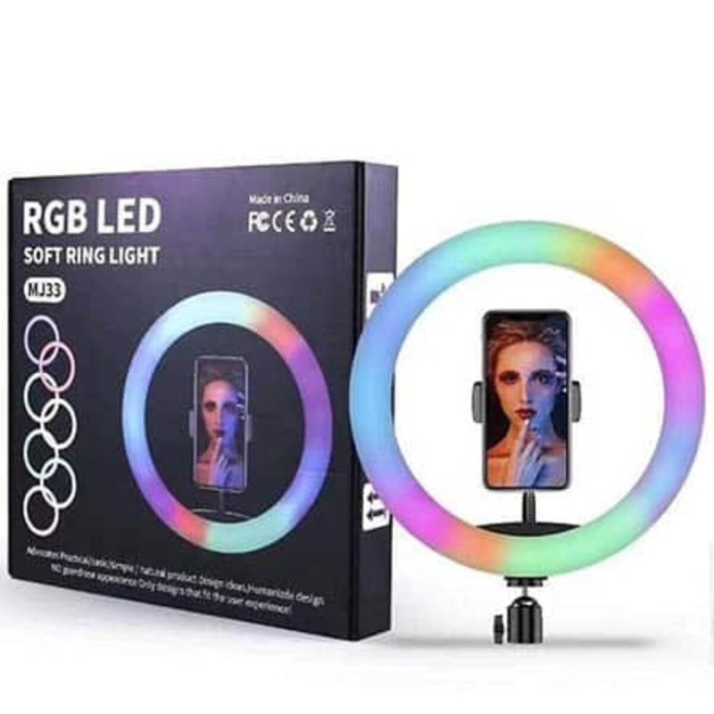 Кільцева світлодіодна LED лампа RGB MJ33, 33 см з тримачем для телефону + пульт