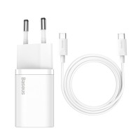 МЗП Baseus Super Si Quick Charger 1C 25W EU Sets White (With Mini White Cable Type-C to Type-C 3A 1m White)