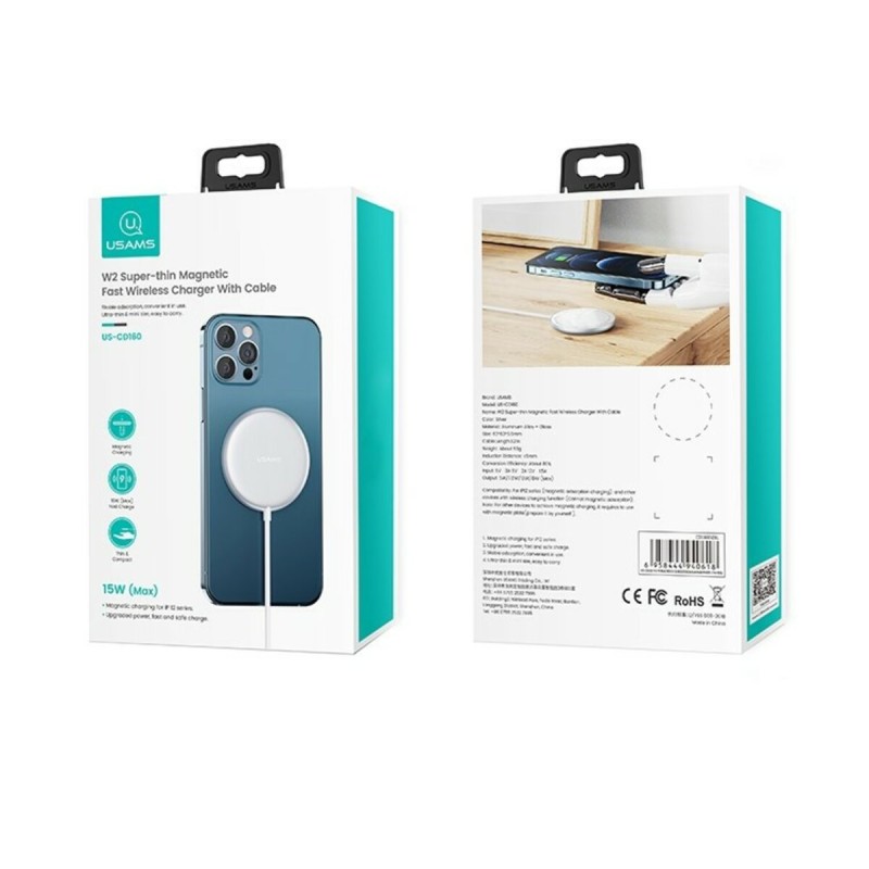 БЗП Usams US-CD160 W2 Aluminum Alloy Super-thin Magnetic Fast Wireless Charger 15W (Max) Silver
