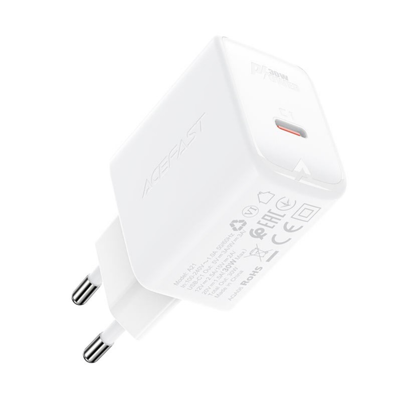 Мережевий зарядний пристрій ACEFAST A21 30W GaN single USB-C charger White