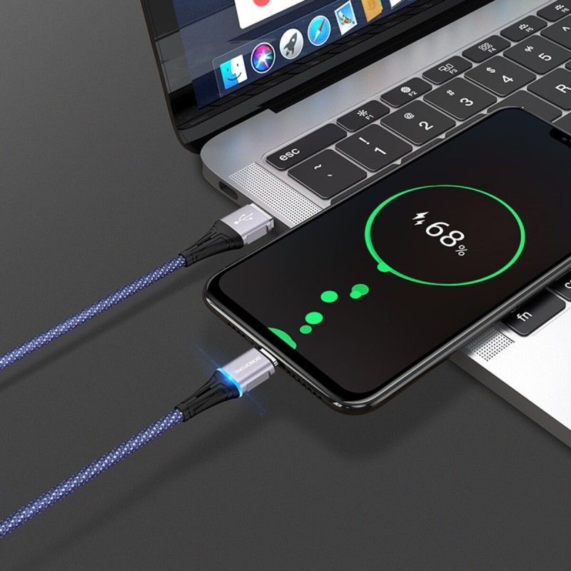 Кабель BOROFONE BU25 USB to Micro, 2.4A, 1.2m, nylon, aluminum connectors, light indicator, Blue