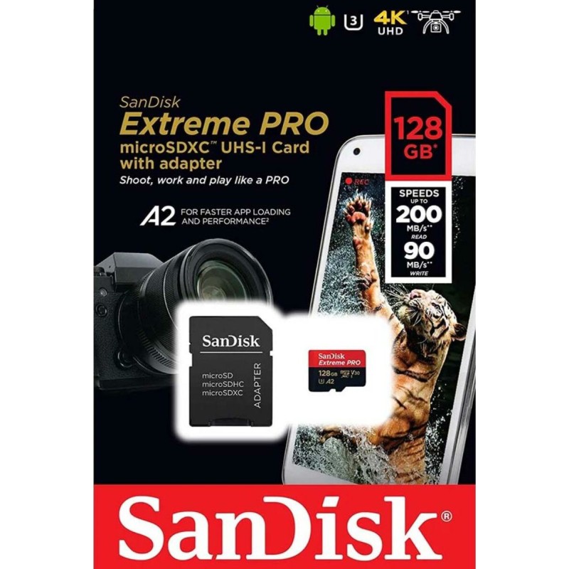 microSDXC (UHS-1 U3) SanDisk Extreme Pro A2 128Gb class 10 V30 (R200MB/s,W90MB/s) (adapter)