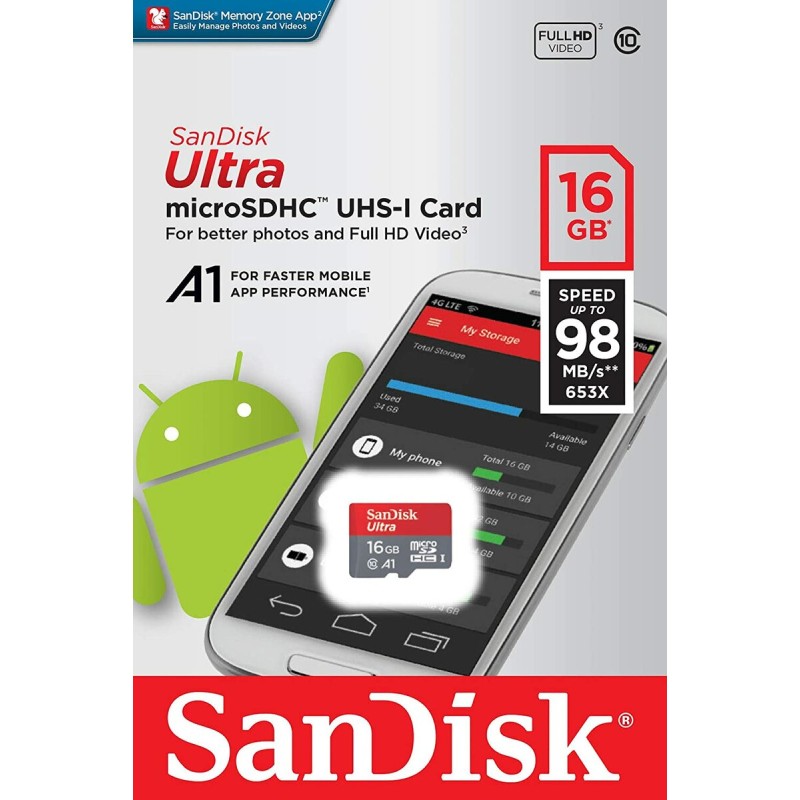 microSDHC (UHS-1) SanDisk Ultra 16Gb class 10 A1 (98Mb/s, 653x)