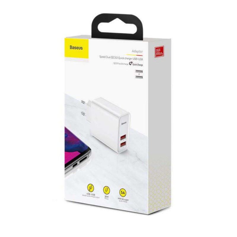 МЗП Baseus Speed Dual QC3.0 Quick charger U+U 30W EU White