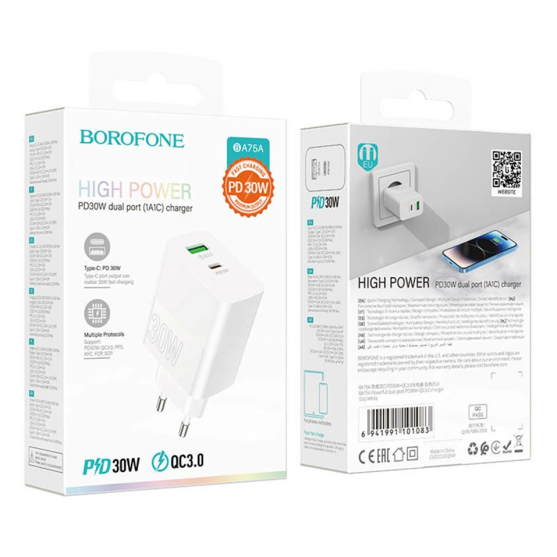 Мережевий зарядний пристрій BOROFONE BA75A Powerful dual port PD30W+QC3.0 charger White